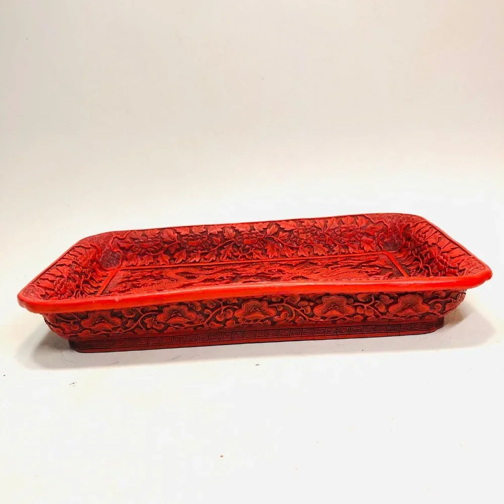 Vtg Chinese Cinnabar Style Resin Dragons Tray